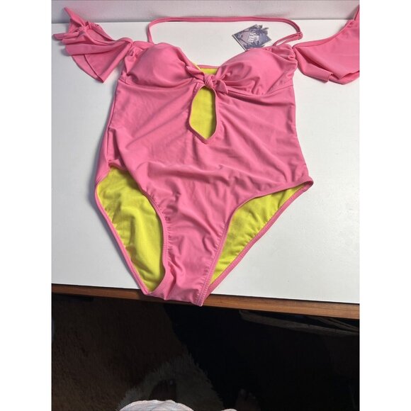 YMI Front Cutout Cold Shoulder One Piece Swimsuit Pink Women XL NWT MSRP $60 - Picture 1 of 6